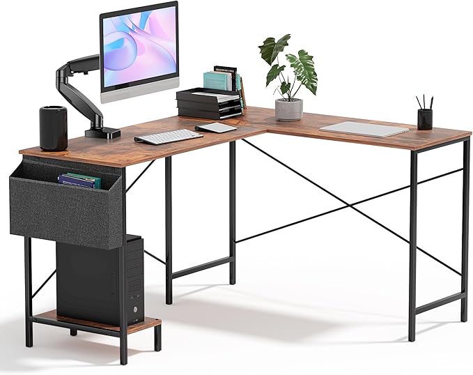 L Shaped Desk Gaming Computer 50 Inch Reversible Corner Table PC Work Table for Writing Study Student with Wood Tabletop Metal Frame CPU Stand Side Bag for Home Office Small Place