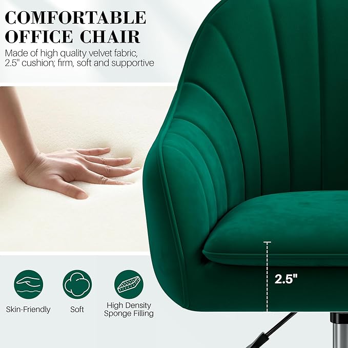 Vanity Chair with Wheels Comfy Home Office Desk Chairs Adjustable Modern Velvet Makeup Vanity Chairs for Bedroom Living Room-Green