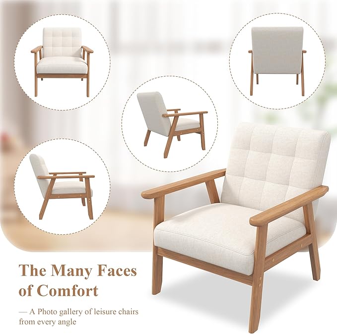 Westice Accent Chair Set of 2 Mid-Century Modern Living Room Chairs with Solid Wood Frame &amp Soft Thicken Cushion Upholstered Arm Reading Chair for Bedroom Balcony Beige Linen Fabric &amp Natu