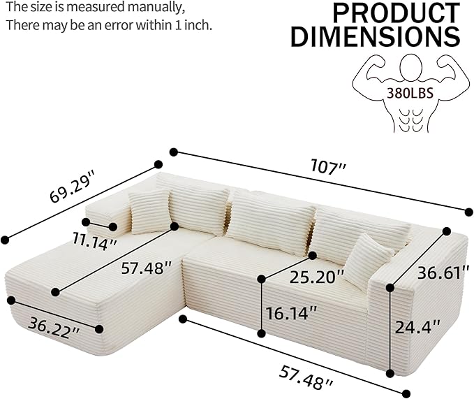 107 Combination Sofa Couches Does Not Require Assembling L-shaped ReclinerModular Sofa Set Of 2Fits Living Room Bedroom Office Corduroy FabricEquipped with headrest (left facing chaise White）