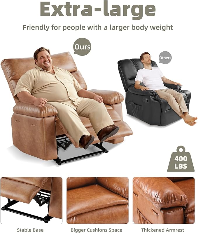 GarveeHome Oversized Recliner Chair 27 Extra Wide Manual Recliner with Heat and Massage 400lbs Heavy Duty PU Leather Single Sofa Large Lazy Chair for Big and Tall Adults Living Room &amp Bedroom