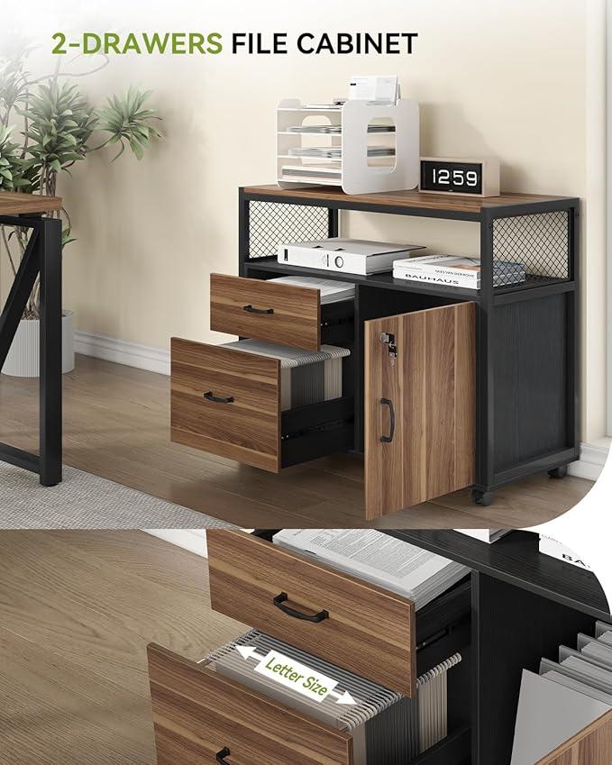 LITTLE TREE 63 L Shaped Executive Computer Desk and Drawer lateral File Cabinet Dark Brown