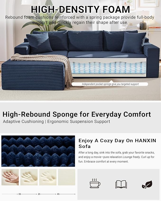 105 Inch Cloud Sectional CouchModern Modular Sectional Sofa with Deep SeatCorduroy Boneless Couches with L-Shape Chaise for Living Room BedroomNo Assembly Required (Blue Left Facing Chaise)