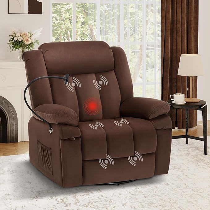 COLAMY Swivel Rocking Recliner Glider Sofa Chair with with Phone StandMassage FunctionHeatingIdeal for Living Room Office BedroomDarkbrown