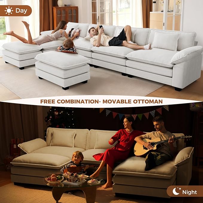 CDCASA 154 Modular Sectional Sofa Comfy L-Shaped Cloud Couch with Movable Ottoman Oversized 5-Seater Velvet Deep Seat Sofa Couch for Living Room DIY Combination Beige