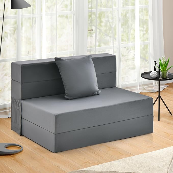 Giantex 6 Inch Folding Sofa Bed Couch with Pillow Tri-fold Mattress with High-Density Foam Foldable Floor Couch with Headrest Portable Guest Bed with Zippered &amp Washable Cover Dark Grey