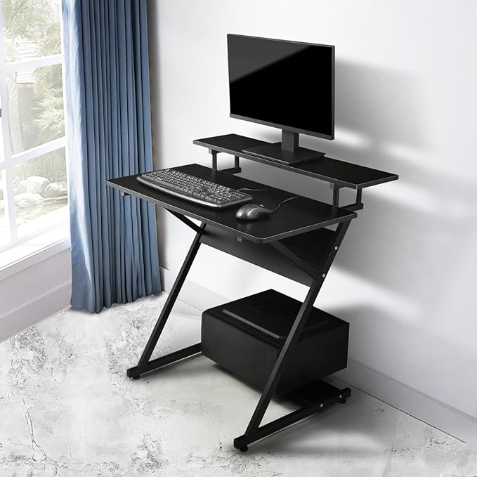 Athena Collection Gaming Desk Z-Shaped Computer Desk with Shelves Small Desk Standing Desk Gaming Table Metal Frame Wood Writing Desk for Bedroom Office Living Room Black