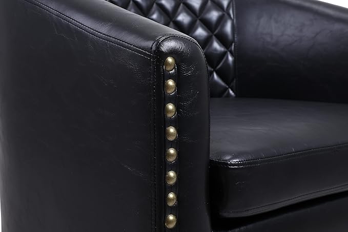 Artificial leather sofa chair barrel-shaped armchair side chair nail head decoration and diamond net backrest suitable for living room bedroom waiting room office and reading chair. (Black)