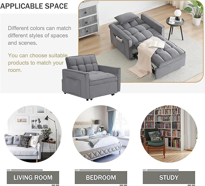 3 In 1 Velvet Convertible Sofa Bed Pull Out Couch Bed with Reclining Backrest And 2 Pillows 54 Full Size Loveseat Sleeper Sofa Futon Couch Bed Couches For Small Spaces Living Room (Dark Grey)
