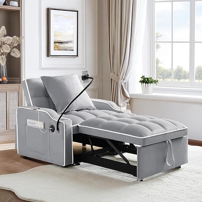 3-in-1 Convertible Sleeper Sofa Bed Chair with Cup Holders &amp Phone Holder Futon Chair Bed with Pull Out Couch Adjustable Backrest Modern Velvet Chaise Lounge for Living Room Bedroom (Grey 35.43