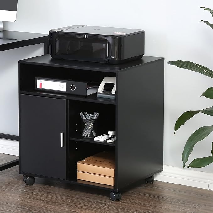 FITUEYES Rolling Wood File Cabinet with Door Mobile Large Office Work Cart with Adjustable Storage Shelves Black 23.6 W x 19.6 D x 26.4 H