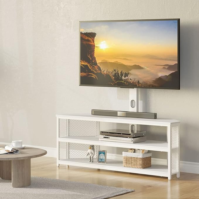 Rolanstar TV Stand with Mount and Power Outlet Swivel TV Stand with LED Lights for 32/45/55/60/65/70 inch TVs White Entertainment Center Media Console with Height Adjustable Mount
