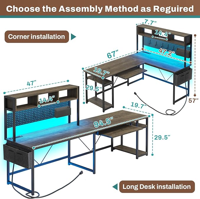 SEDETA L Shaped Desk 94.5 Inch Office Desk with Power Outlet &amp Pegboard L Shaped Desk with Led Light Keyboard Tray Storage Shelves and Headphone Hook for Home Office Walnut Brown