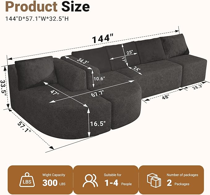 144 Modular Sectional Sofa No Assembly Required U-Shaped Cloud Couch with Chaise Modern Curved Boneless Sofa in Luxurious Boucle Fabric Deep Seats Memory Foam (Dark Grey) | Zero-Assembly Design