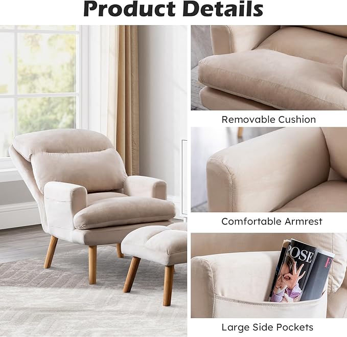 Accent Chair with Ottoman Comfy Reading Chair Armchair with Adjustable Backrest and Side Pockets Soft Fabric Leisure Sofa for Bedroom Living Room Dorm Rooms Garden Beige