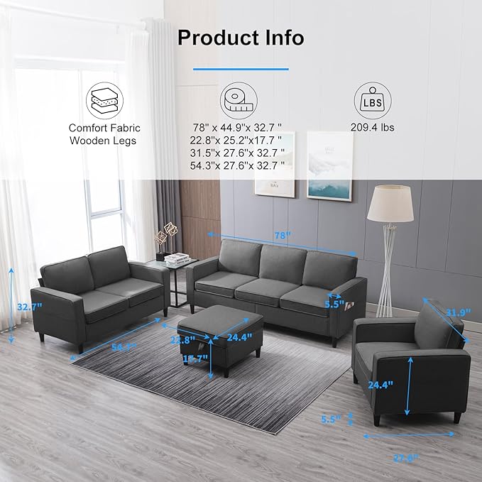 PUREMIND 3 Piece Living Room Sofa Sets Modern 3 Seater Sofa with Ottoman and Loveseat and Armchair Sets Linen Fabric L Shape Couch Set of 3 for Living Room Dark Grey