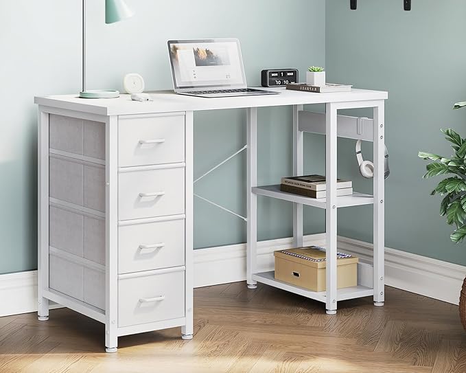Casaottima 40 Inch Small Computer Desk with 4 Fabric Drawers Modern PC Desk for Small Spaces Home Office Desk with Storage Shelves White