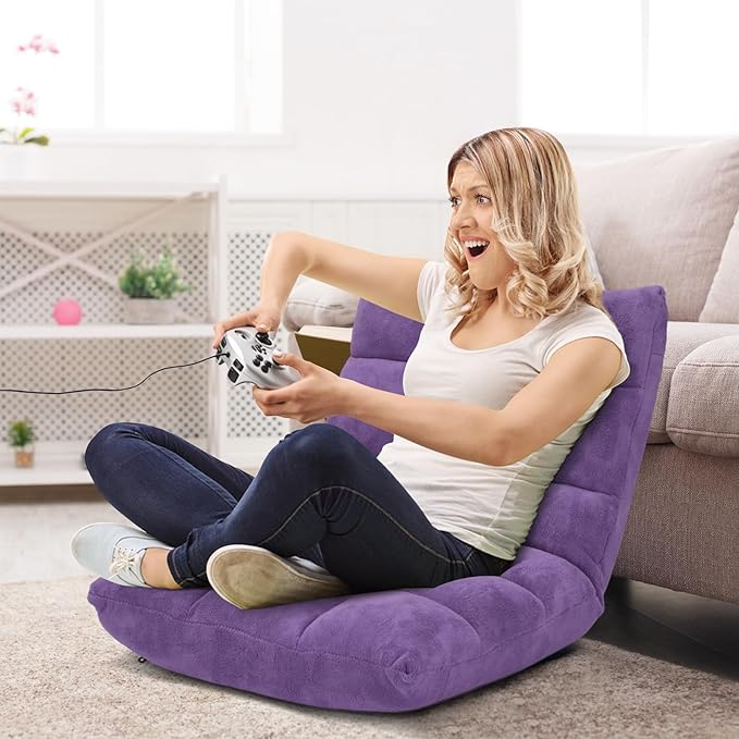 14-Position Floor Sofa Folding Gaming Sofa Chair Comfy Cushions &amp Study Steel Frame Angle Adjustable Sleeper Bed Couch Recliner (Purple)