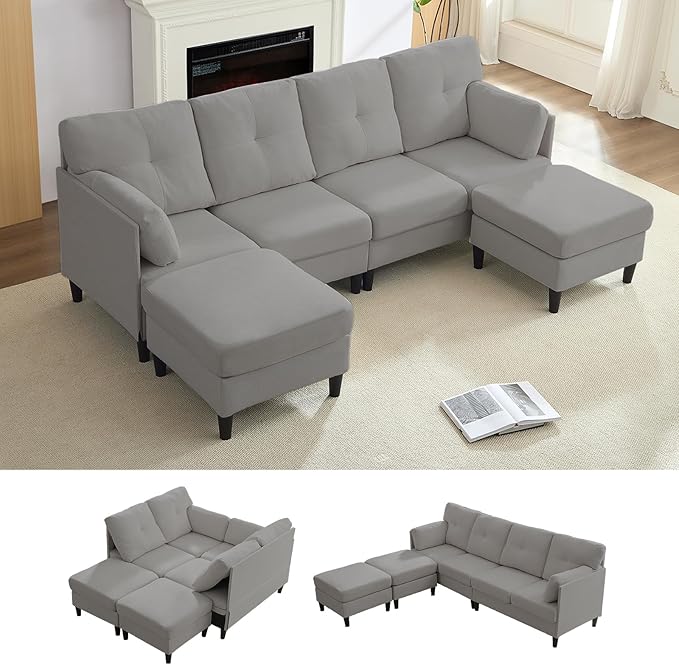 PUREMIND Sectional Home Sofa Living Room Modern U-Shaped Sofa Couches with Double Chaise Upholstered 4 Seater Sofa for Living Room Apartment Light Grey