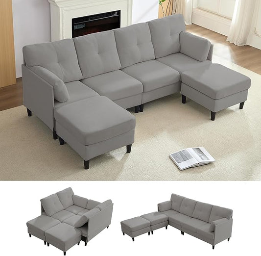 PUREMIND Sectional Home Sofa Living Room Modern U-Shaped Sofa Couches with Double Chaise Upholstered 4 Seater Sofa for Living Room Apartment Light Grey