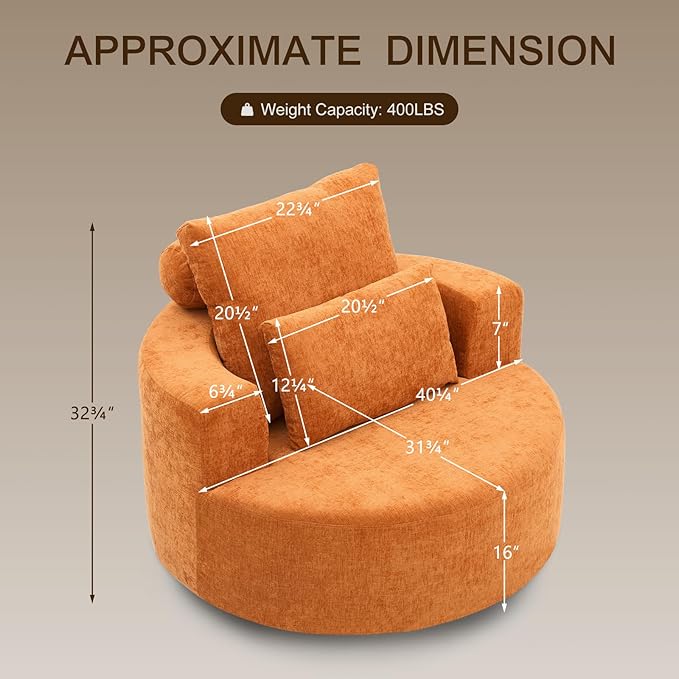 Furnimart 40 Oversized Barrel Accent Chair Set of 2 360° Swivel Round Upholstered Sofa Chenille High-Resilience Sponge No Assembly Wide Seat for Living Room Bedroom Apartment (Orange)