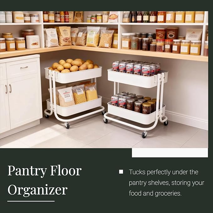 2 Tier Under Desk Storage Cart with Wheels Heavy Duty Metal Short Rolling Pantry Storage Cart for Small Space Utility Trolley for Kitchen Bathroom Laundry Cute Snack Craft Organizer White