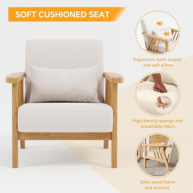 Solid Wood Accent Chair Mid-Century Modern Lounge Armchairs Fabric Upholstered Soft Comfy Living Room Chairs with Armrest Waist Cushion Pillow for Office Reading Waiting Room (Natural)