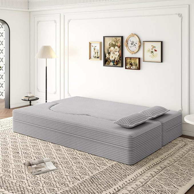 Convertible Sofa Bed Full Size｜78 Sleeper Couch with 2 Pillows｜Corduroy Fabric Folding Sofa Bed｜High-Density Foam｜No Assembly｜Space-Saving｜for Living Room Guest Room｜Light Grey