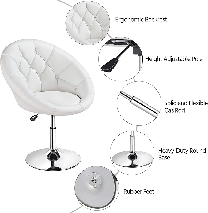 Yaheetech Adjustable Vanity Chair with Round Tufted Back Swivel Leather Salon Chair for Bedroom Living Room Office White