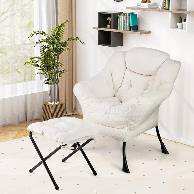 HOMGX Lazy Chair with Ottoman Modern Accent Chair w/Folding Footstool &amp Side Storage Pocket Upholstered Comfy Reading Chair for Bedroom Living Room Office (Beige)