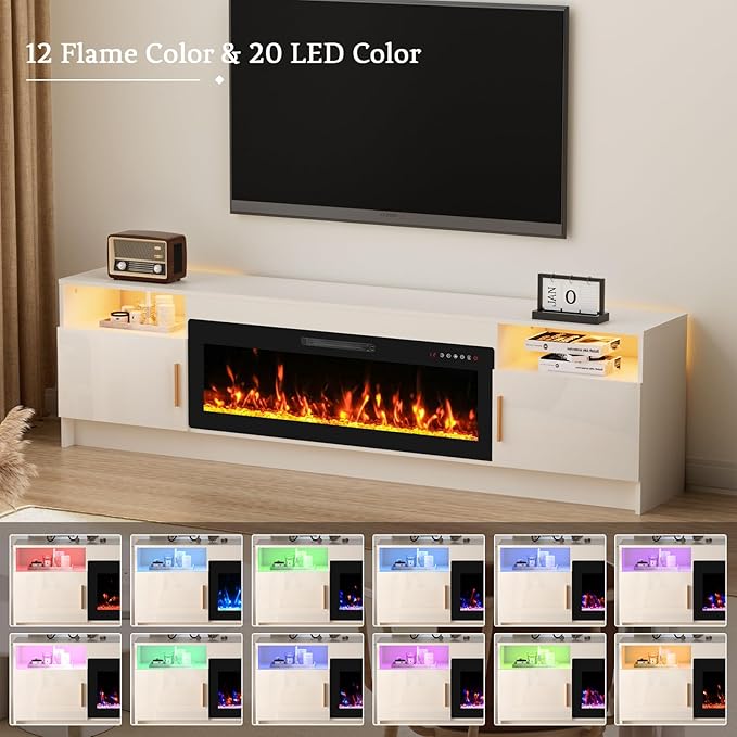 80'' TV Stand with Fireplace and Led Light-White Entertainment Center for 90 inch TV- TV Cabinet with Storage High Glossy Door Modern TV Console for Living Room