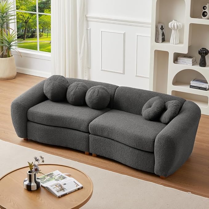 87.7 Modern Curved Sofa Back Upholstered Couch with 5 Decorative Throw Pillows Teddy Fabric Couch for Living Room Office Apartment Gray