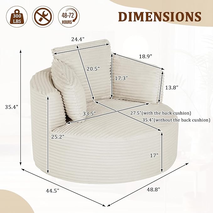 Round Chair Lounge Chaise Indoor 48.8 Oversized Sofa Chair Upholstered Corduroy Deep Seat Sleeper Sofa Bed No Assembly Required for Living Room Bedroom Apartment White