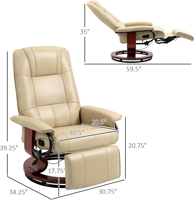 HOMCOM Faux Leather Manual Recliner Adjustable Swivel Lounge Chair with Footrest Armrest and Wrapped Wood Base for Living Room Cream White