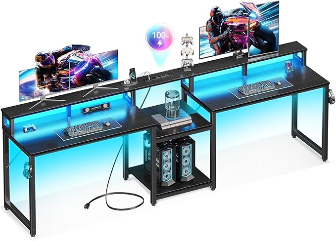 Casaottima 98 Inch 2 Person Gaming Desk with Storage Shelves Long Double Home Office Computer Writing Desks with USB Charging Port &amp LED Lights Monitor Stand Modern Study/Work TableBlack
