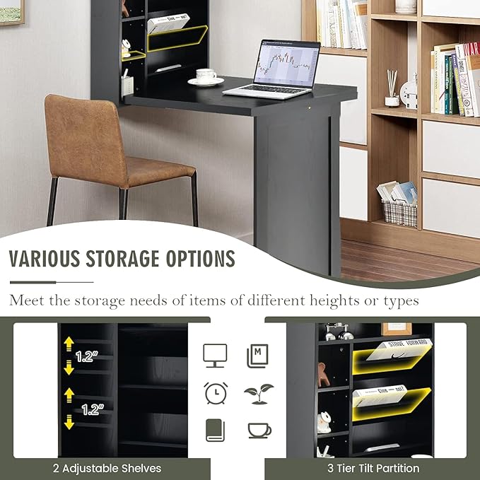 Wall Mounted Desk Wood Collapsible Floating Desk Convertible Computer Desk with Storage Area Hanging Fold Out Table for Home Office Small Spaces (Black)