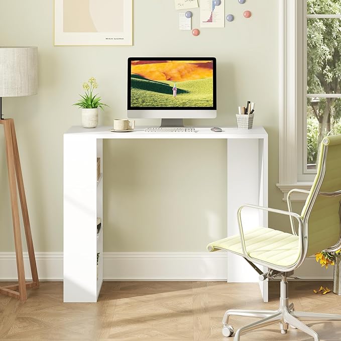 Giantex Small Computer Desk 36 Inch Compact Home Office Desk with Storage Open Shelves &amp Anti-Tipping Kit Makeup Vanity Table Student Teen Study Writing Desk for Small Space White