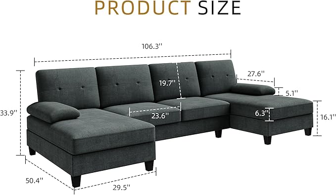 JAMFLY 107 U-Shaped Modern Sofa Modular Sectional Cloud Couch with Chaise 4-Seat Deep Seat Sofa for Living Room Bedroom and Apartment Dark Grey