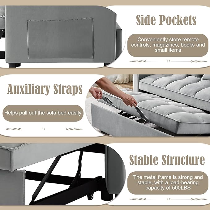 3 in 1 Convertible Sleeper Sofa Couch with Pull Out Bed55 Velvet Upholstered Futon Sofa BedModern Loveseat Sleeper Chaise with Adjustable Backrest for Living Room Guest Room Apartment(Grey)
