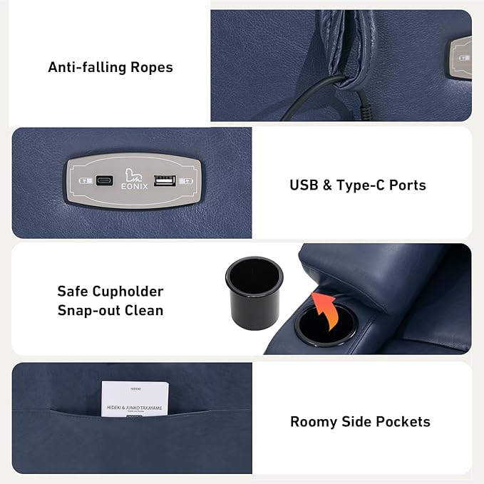 EONIX Small Power Lift Recliner Chair for Elderly with Heat and Massage 400lbs Heavy Duty Electric Recliner Chairs for Adults with Cup Holders and USB Charging Ports SLRY019020 Navy Blue