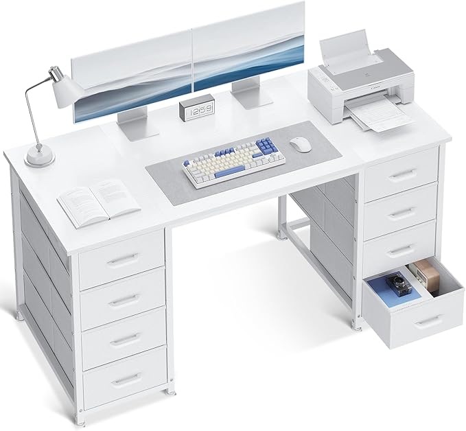 ODK 48 Inch White Computer Desk with 8 Fabric Drawers Modern Office Desk with Large Storage for Home Office Study Gaming White
