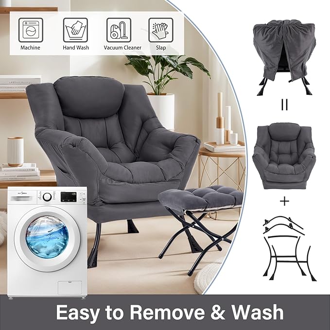 Lazy Chair with Ottoman Large Dark Grey Accent Chair with Ottoman Comfy Reading Armchair Leisure Sofa Chair for Living Room Bedroom Dorm Room Office