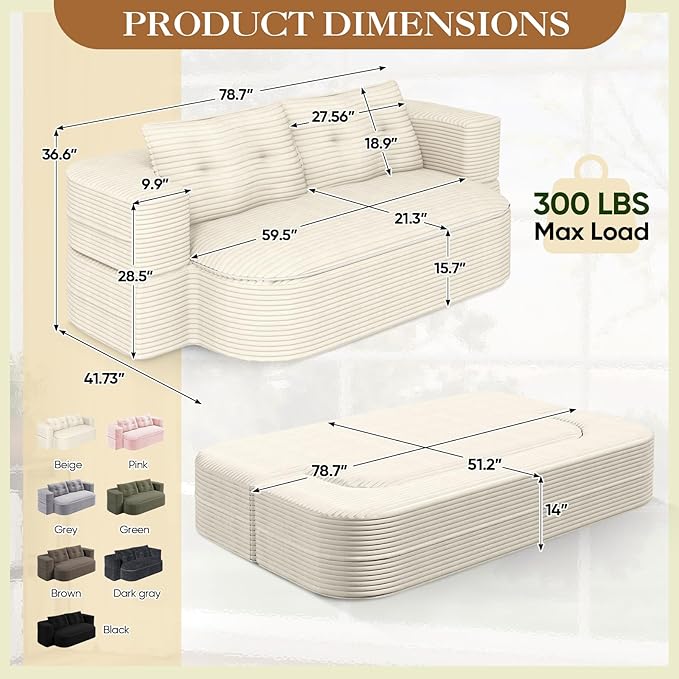Convertible Sleeper Sofa Modern 78-inch Folding Futon Corduroy Floor Foam Compression Loveseat Sofa Bed Couch Foldable Full Size Guest Bed with 2 Pillows for Living Room Bedroom Apartment Beige