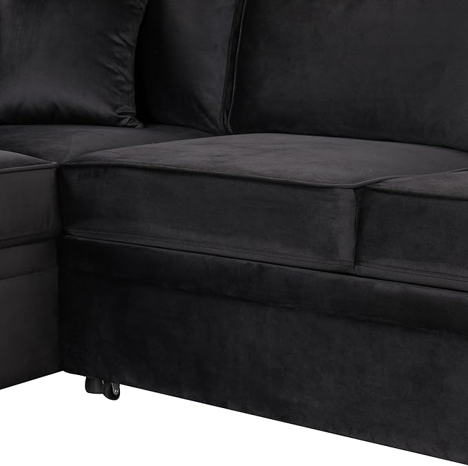 Linen L-shape Reversible Sleeper Sectional Sofa Couch with Storage Ottoman 2 in 1 Pull Out Convertible Sofa Bed with Cup Holders and USB Charging Port for Living Room Apartment Office (Black-LI)