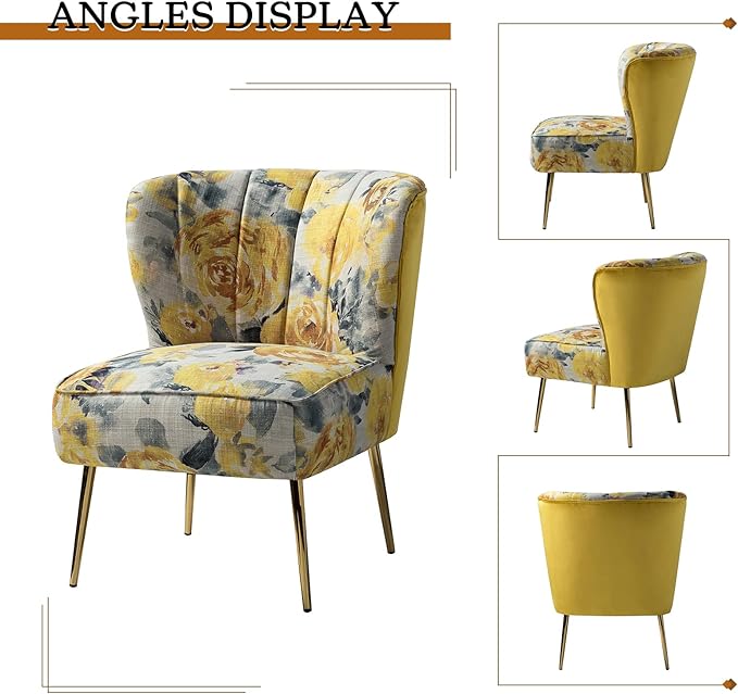 Tina's Home Accent Chair with Golden Legs Comfy Tufted Wingback Living Room Chair Floral Fabric Small Armless Side Chair Upholstered Slipper Chair for Bedroom Reading Room (Flower Print Yellow)
