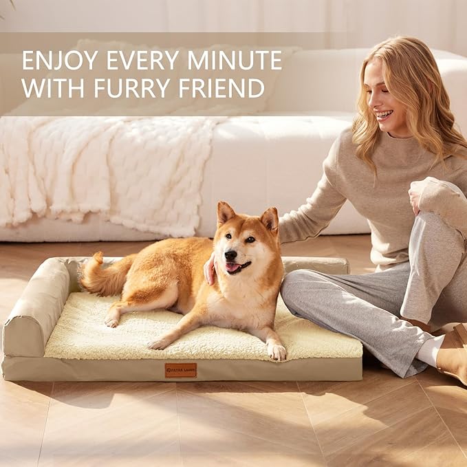 Patas Lague Orthopedic XL Dog Bed Large Sized Dog 48''X30'' Waterproof L Bolster Big Large Pet Sofa Beds with Removable Washable Cover Soft Comfortable Pet Couch Crate Mat with Nonskid Bottom Cream