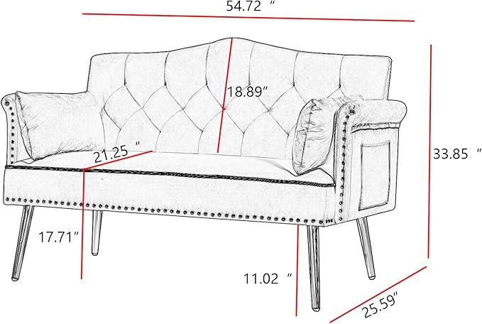 KEIKI 55 Velvet Loveseats Sleeper Sofa with 2 Arm Pocket and 4 Solid Metal Legs Modern Style 2-Seater Couch with Tufted Back and Seat Easy Assembly for Apartment Living Room and Bedroom White