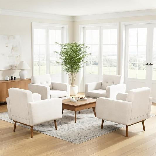 HUIMO Fabric Accent Chairs Set of 4 Button Tufted Living Room Chairs Easy to Install Mid Century Modern Chair Upholstered Arm Chair for Living Room Bedroom Study Office (4 White)