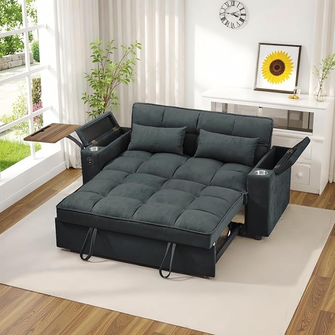 65''Convertible Sleeper Sofa Bed3-in-1 Pull Out Couch Bed with 360 Degree rotatable Side Table and USB Ports for Living RoomRV (07Dark Grey)