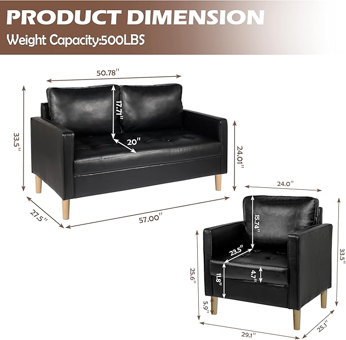 AILEEKISS Mid-Century Sectional Sofa Set for Living Room Faux Leather Office 2 Pcs Couch Set with Armrest Modern Upholstered Loveseat Couches (1-Seater+2-Seater Black)